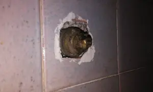 Valvola ottone incassata nel muro, parte di un impianto idraulico in attesa di chiusura acqua.