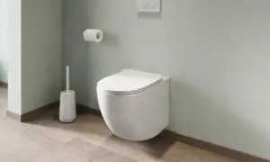 Un moderno bagno con montaggio sanitari sospesi: water a parete, scopino bianco e rotolo di carta igienica su parete verde pastello.