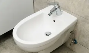 Bidet bianco con rubinetto cromato. Se hai problemi a sturare il bidet, questo è il primo passo per risolvere.