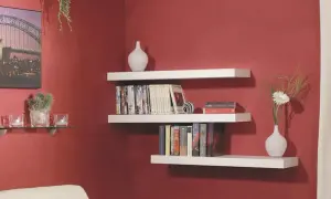 Mensole bianche a muro con libri, vasi e una pianta. Una guida visiva su come montare una mensola.