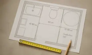 Disegno di un bagno con misure. La distanza scarico WC dal muro è indicata tra 70-80 cm. Metro e matita.