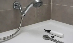 Il rubinetto doccia perde gocce d'acqua. Chiave inglese, silicone e guarnizione pronti per la riparazione.