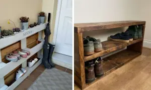 Scarpiera con pallet fai da te, con scarpe e stivali. A destra, una scarpiera in legno scuro con scarpe.