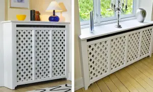 Copritermosifoni fai da te bianchi con motivo a rombi, eleganti e funzionali per ogni ambiente.