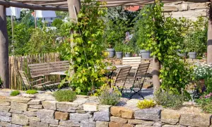 Un rigoglioso giardino con un muro a secco per contenimento terra, tavoli e sedie in legno sotto un pergolato.