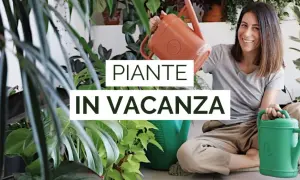 Donna sorridente con annaffiatoi, circondata da piante rigogliose. Impara come innaffiare le piante quando si va in vacanza per mantenerle sane.