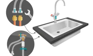 Illustrazione del montaggio rubinetto lavandino bagno: collegamenti flessibili e fissaggio sotto il lavello.