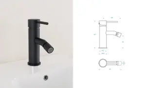 Rubinetto nero moderno con doccetta, ideale per chi deve smontare rubinetto cucina. Misure dettagliate incluse.
