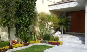Un ingresso esterno accogliente: piante verdi, fiori colorati e un vialetto di ciottoli per come abbellire l'ingresso esterno di casa.