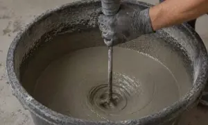 Mano guantata mescola con un trapano la malta in un secchio, mostrando come si fa il cemento per una costruzione.
