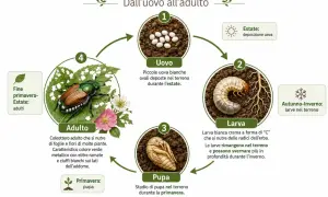 Ciclo di vita della Popillia japonica: uovo, larva bianca a forma di "C" che si nutre di radici, pupa e adulto verde metallico.