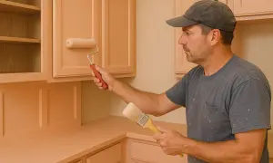 Uomo con cappellino e pennello in mano, mentre effettua la laccatura mobili di una cucina con un rullo.