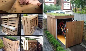 Idee per nascondere bidoni fai da te con pallet: fioriere, porta legna e capanno per bici con tetto verde.