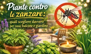 Piante contro le zanzare: lavanda, basilico e altre erbe aromatiche per un giardino senza insetti. Candela profumata accesa.