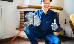 Un tecnico sorridente mostra una spazzola per camino, pronto per insegnare come pulire la canna fumaria del camino.
