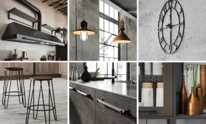 Cucina con cappa in stile industriale, lampade a sospensione, sgabelli in metallo e dettagli in cemento.