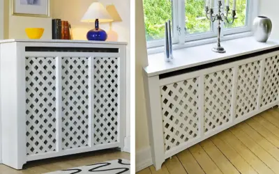 Copritermosifoni fai da te bianchi con motivo a rombi, eleganti e funzionali per ogni ambiente.
