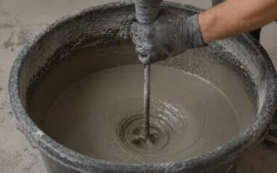 Mano guantata mescola con un trapano la malta in un secchio, mostrando come si fa il cemento per una costruzione.