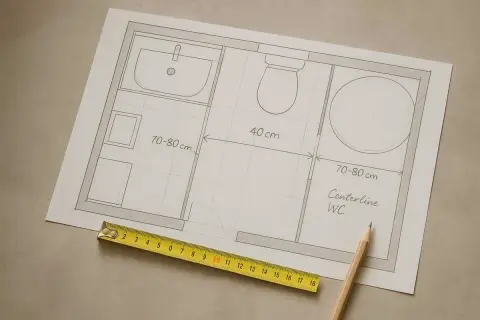 Disegno di un bagno con misure. La distanza scarico WC dal muro è indicata tra 70-80 cm. Metro e matita.