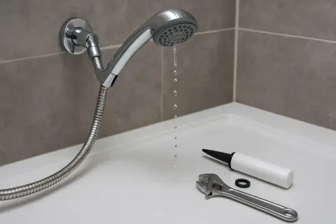 Il rubinetto doccia perde gocce d'acqua. Chiave inglese, silicone e guarnizione pronti per la riparazione.