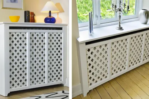 Copritermosifoni fai da te bianchi con motivo a rombi, eleganti e funzionali per ogni ambiente.