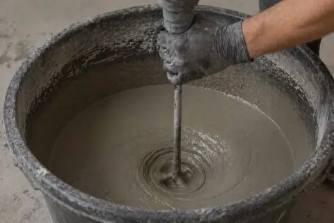 Mano guantata mescola con un trapano la malta in un secchio, mostrando come si fa il cemento per una costruzione.