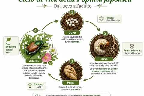 Ciclo di vita della Popillia japonica: uovo, larva bianca a forma di "C" che si nutre di radici, pupa e adulto verde metallico.