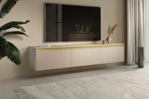 Mobile soggiorno sospeso con ante a coste, elegante e moderno, ideale per organizzare lo spazio.