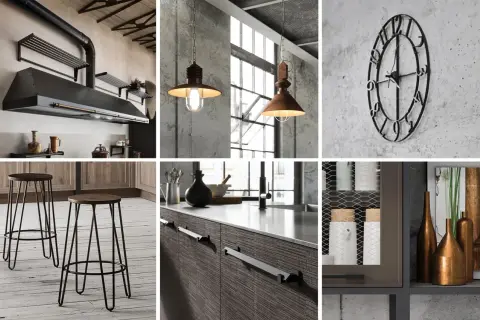 Cucina con cappa in stile industriale, lampade a sospensione, sgabelli in metallo e dettagli in cemento.