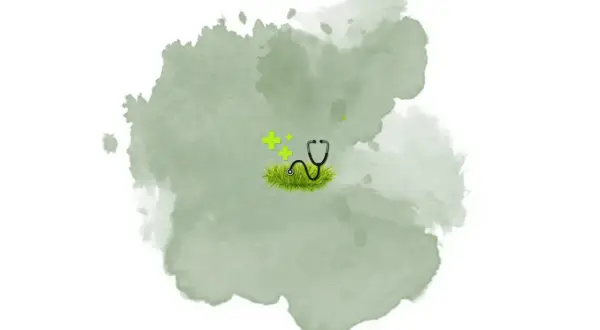 Stetoscopio su erba con croci verdi, simbolo di cura per le malattie del prato in estate.
