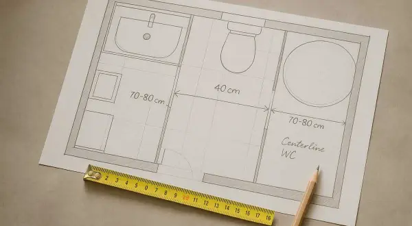 Disegno di un bagno con misure. La distanza scarico WC dal muro è indicata tra 70-80 cm. Metro e matita.