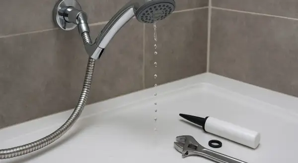 Il rubinetto doccia perde gocce d'acqua. Chiave inglese, silicone e guarnizione pronti per la riparazione.