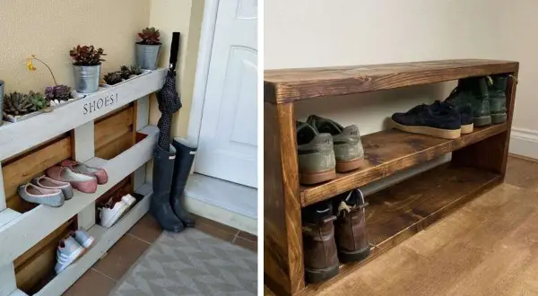 Scarpiera con pallet fai da te, con scarpe e stivali. A destra, una scarpiera in legno scuro con scarpe.