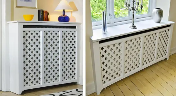 Copritermosifoni fai da te bianchi con motivo a rombi, eleganti e funzionali per ogni ambiente.