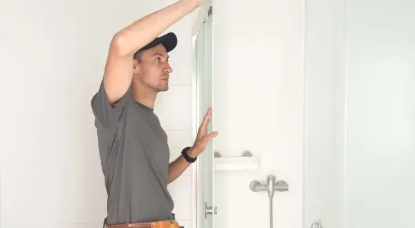 Operaio con cintura porta attrezzi impegnato nel montaggio box doccia, con cura posiziona un pannello di vetro.