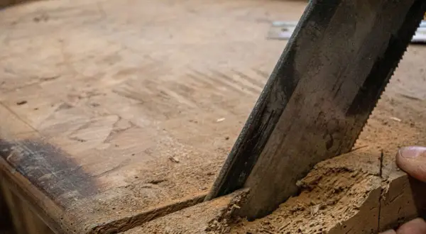 Seghetto che taglia legno infestato da tarli. Ecco come riconoscere i tarli del legno.