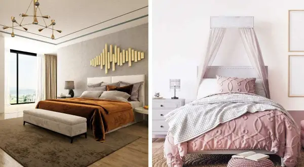 Un letto moderno con coperta color ruggine e un letto da sogno con baldacchino rosa. Idee su cosa mettere davanti al letto.