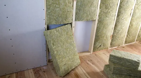 Pannelli di lana di roccia per coibentazione interna, pronti per essere installati in una parete in cartongesso su struttura in legno.