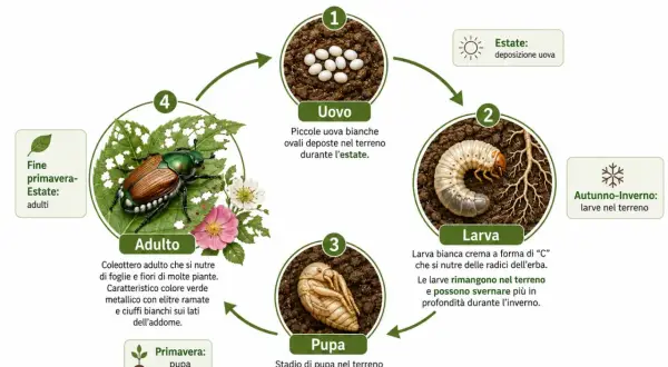 Ciclo di vita della Popillia japonica: uovo, larva bianca a forma di "C" che si nutre di radici, pupa e adulto verde metallico.