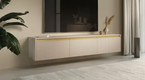 Mobile soggiorno sospeso con ante a coste, elegante e moderno, ideale per organizzare lo spazio.