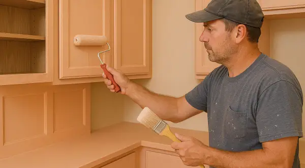 Uomo con cappellino e pennello in mano, mentre effettua la laccatura mobili di una cucina con un rullo.
