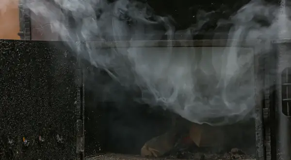 Dentro di un barbecue, il camino tira ma fa fumo, avvolgendo la legna che arde.