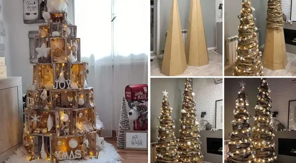 Albero di Natale fai da te con cassette di legno e alberi decorati con carta e luci.