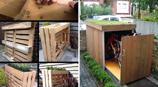Idee per nascondere bidoni fai da te con pallet: fioriere, porta legna e capanno per bici con tetto verde.