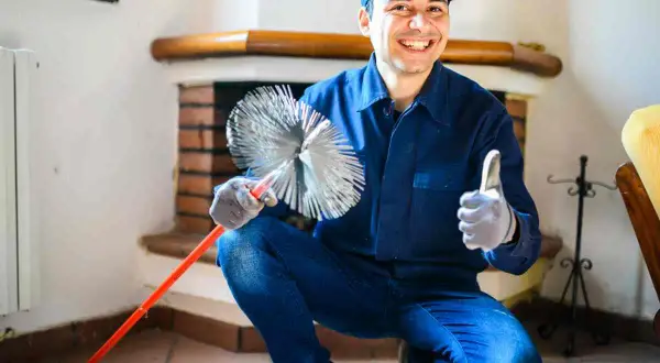 Un tecnico sorridente mostra una spazzola per camino, pronto per insegnare come pulire la canna fumaria del camino.