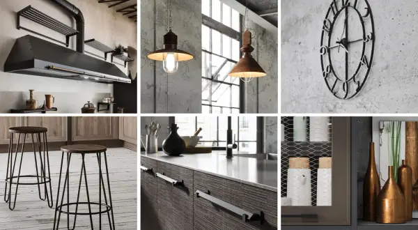 Cucina con cappa in stile industriale, lampade a sospensione, sgabelli in metallo e dettagli in cemento.
