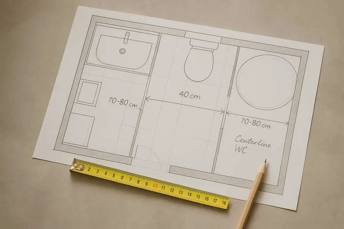 Disegno di un bagno con misure. La distanza scarico WC dal muro è indicata tra 70-80 cm. Metro e matita.