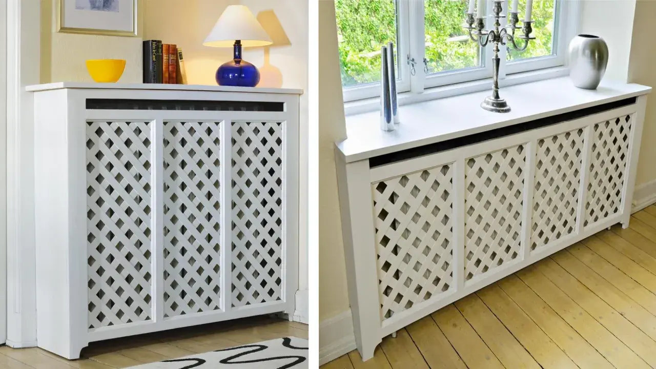 Copritermosifoni fai da te bianchi con motivo a rombi, eleganti e funzionali per ogni ambiente.