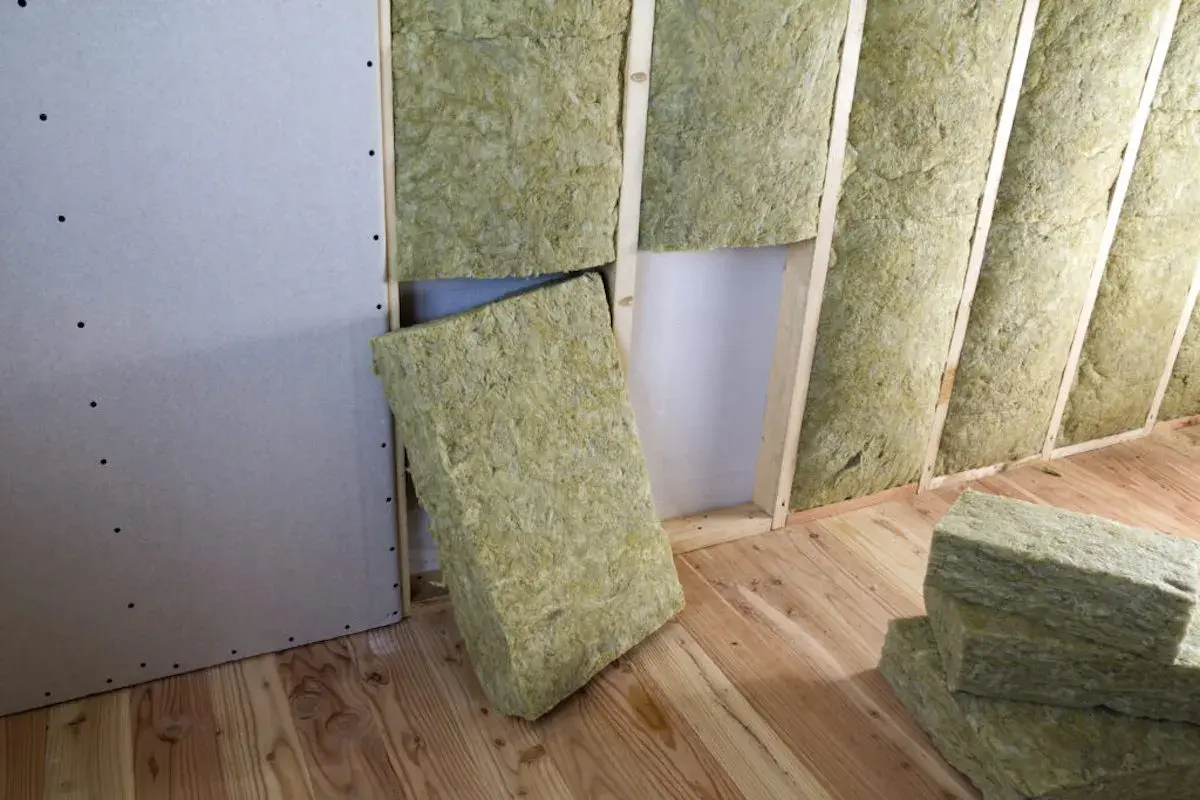 Pannelli di lana di roccia per coibentazione interna, pronti per essere installati in una parete in cartongesso su struttura in legno.