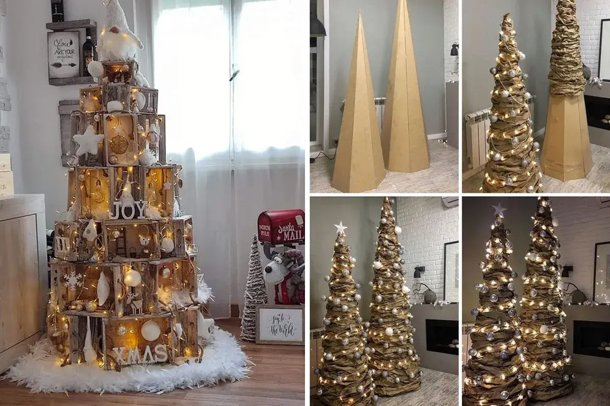 Albero di Natale fai da te con cassette di legno e alberi decorati con carta e luci.